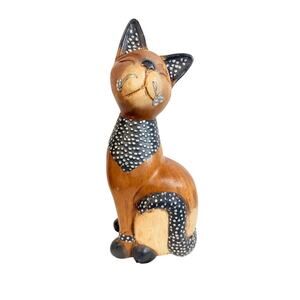 Vintage Wooden Hand Carved Whimsical Cat Sculpture 12” Metal Whiskers MCM
